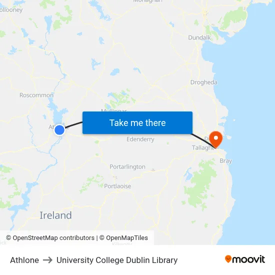 Athlone to University College Dublin Library map
