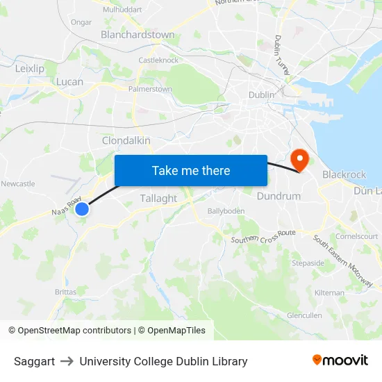 Saggart to University College Dublin Library map