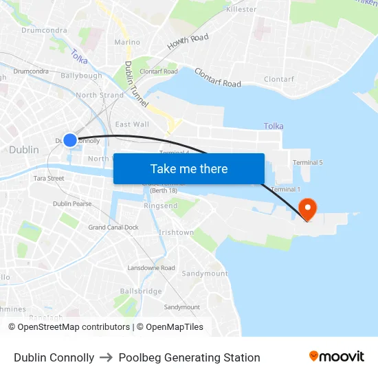 Dublin Connolly to Poolbeg Generating Station map