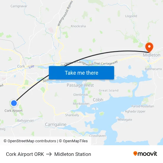 Cork Airport ORK to Midleton Station map