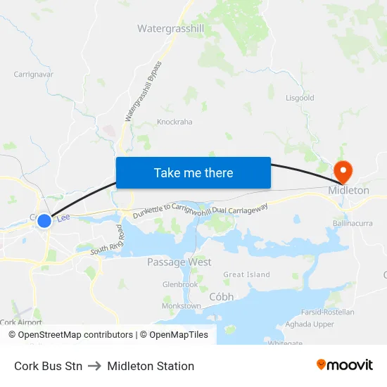 Cork Bus Stn to Midleton Station map