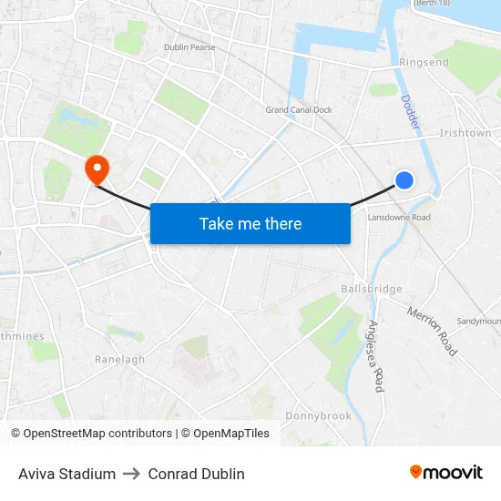 Aviva Stadium to Conrad Dublin map