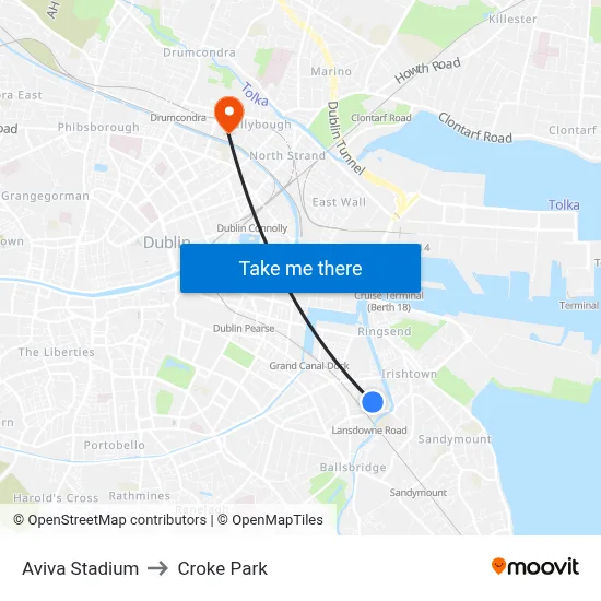 Aviva Stadium to Croke Park map