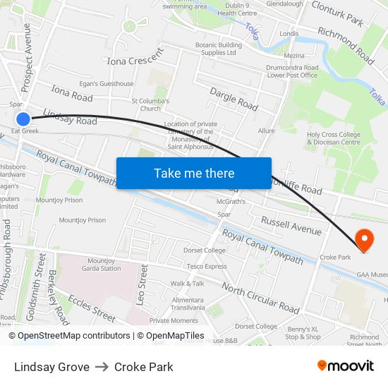 Lindsay Grove to Croke Park map