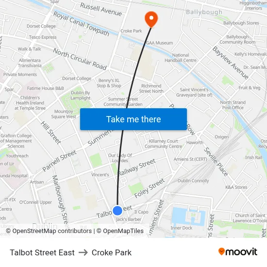 Talbot Street East to Croke Park map