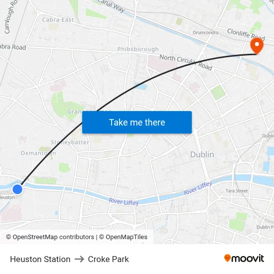 Heuston Station to Croke Park map