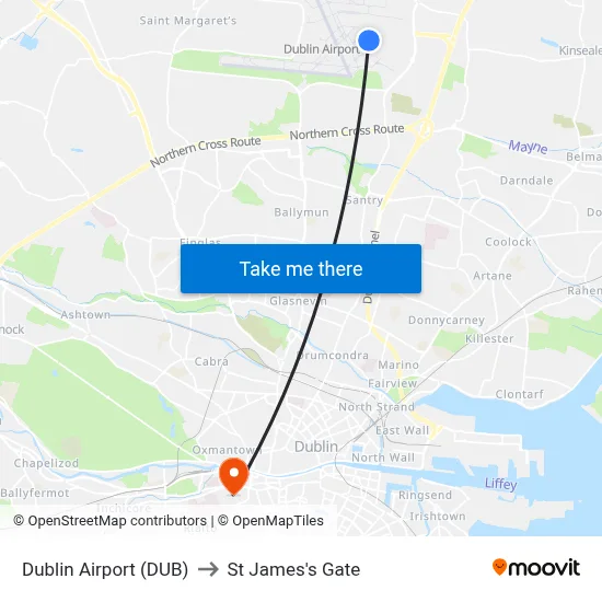 Dublin Airport (DUB) to St James's Gate map