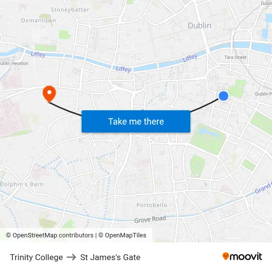 Trinity College to St James's Gate map