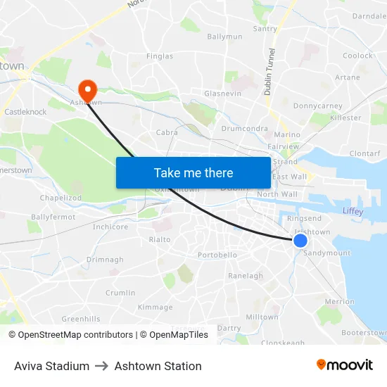 Aviva Stadium to Ashtown Station map
