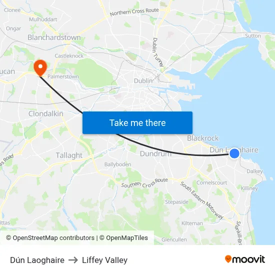 Dún Laoghaire to Liffey Valley map