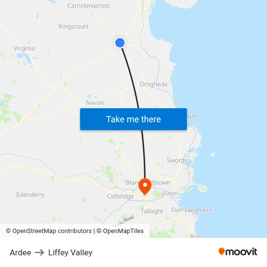 Ardee to Liffey Valley map