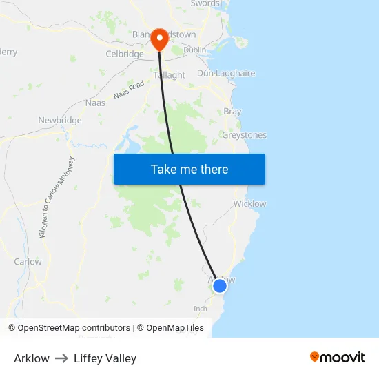 Arklow to Liffey Valley map