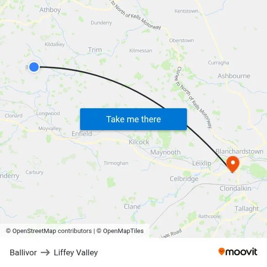 Ballivor to Liffey Valley map