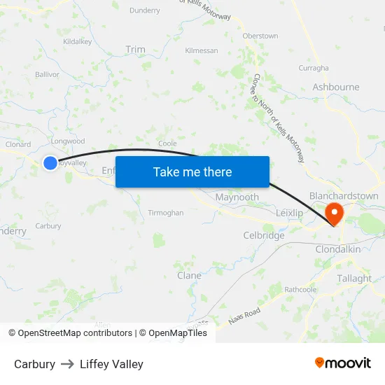 Carbury to Liffey Valley map
