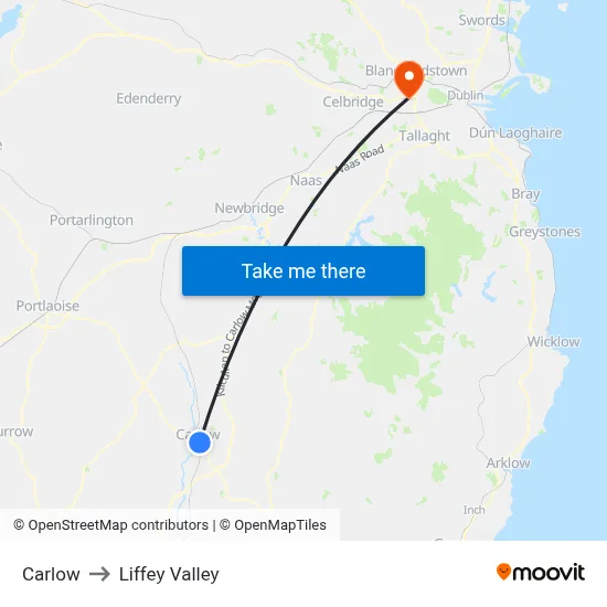 Carlow to Liffey Valley map