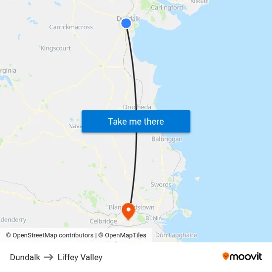 Dundalk to Liffey Valley map