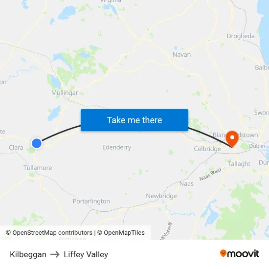 Kilbeggan to Liffey Valley map