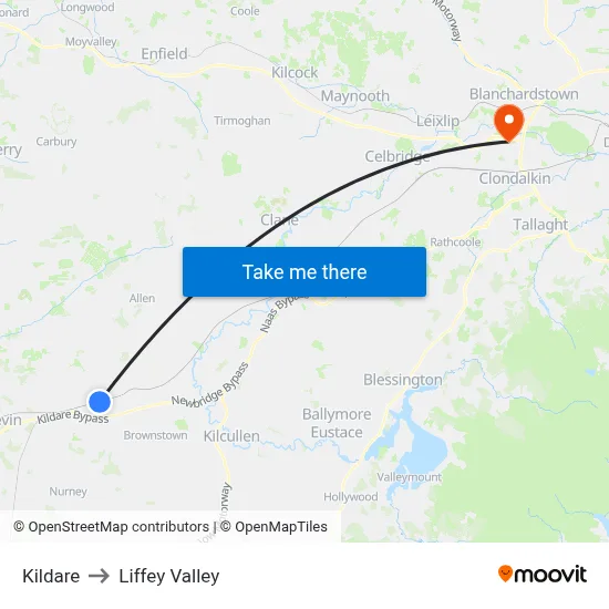 Kildare to Liffey Valley map