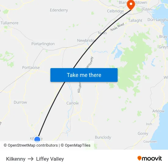 Kilkenny to Liffey Valley map