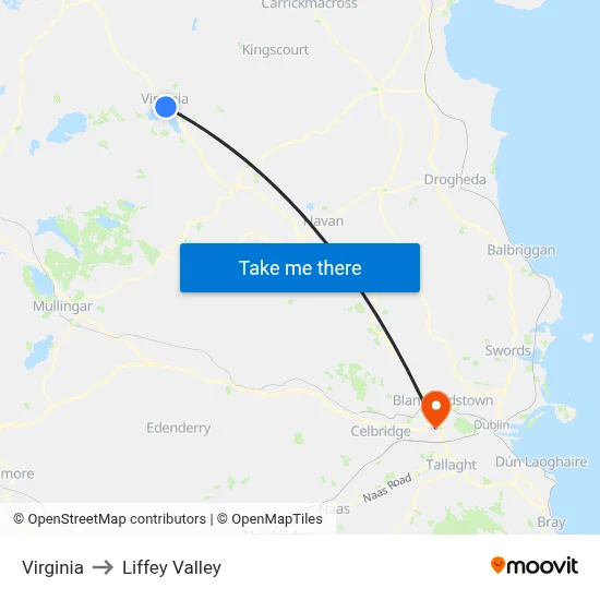 Virginia to Liffey Valley map