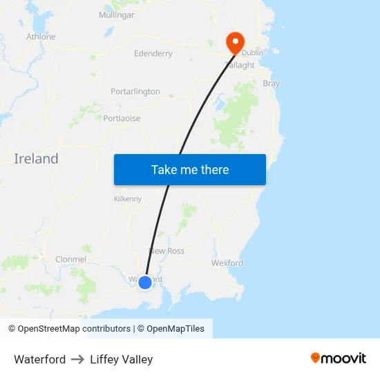 Waterford to Liffey Valley map