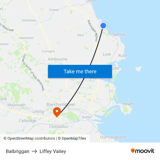 Balbriggan to Liffey Valley map