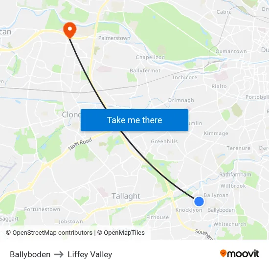 Ballyboden to Liffey Valley map