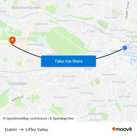 Dublin to Liffey Valley map
