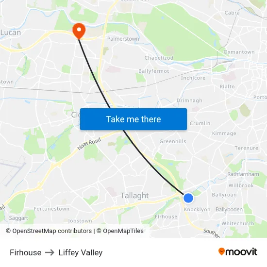 Firhouse to Liffey Valley map