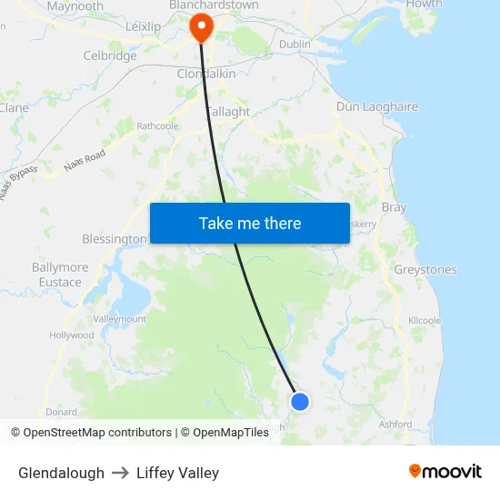 Glendalough to Liffey Valley map