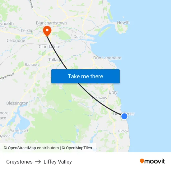 Greystones to Liffey Valley map