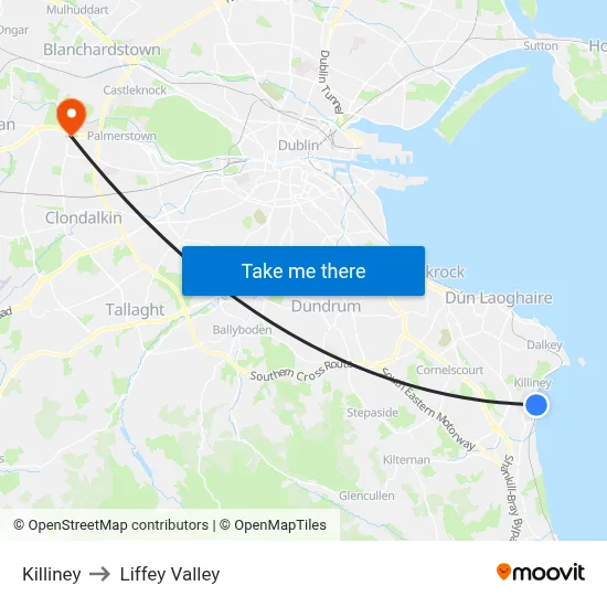 Killiney to Liffey Valley map