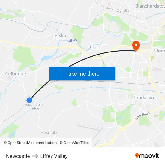 Newcastle to Liffey Valley map