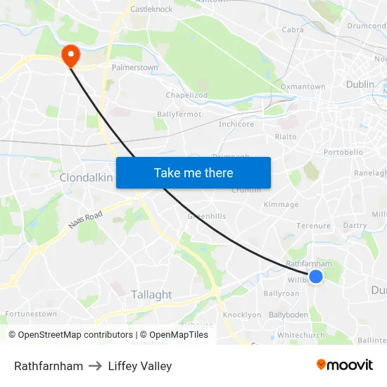 Rathfarnham to Liffey Valley map