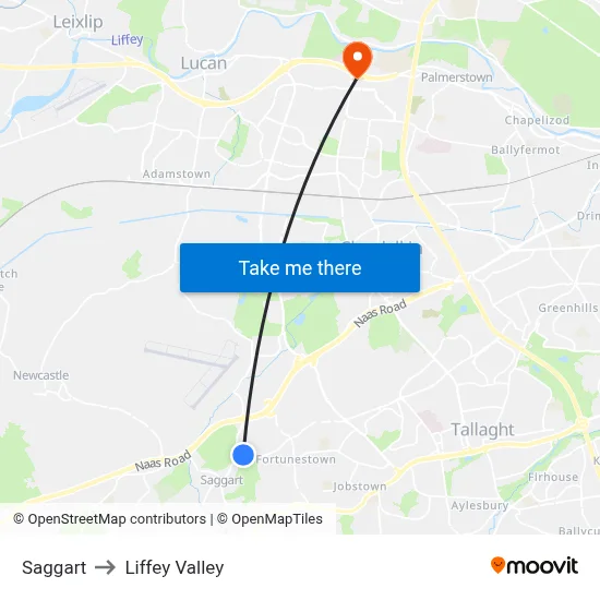 Saggart to Liffey Valley map