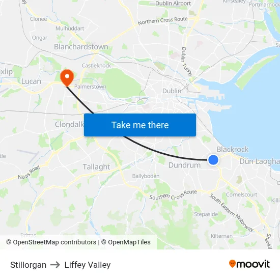 Stillorgan to Liffey Valley map