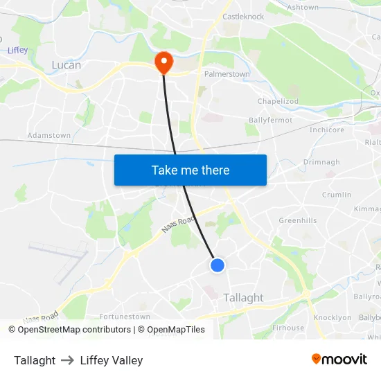 Tallaght to Liffey Valley map