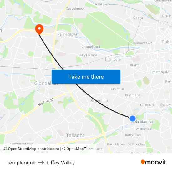 Templeogue to Liffey Valley map