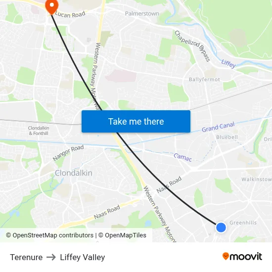 Terenure to Liffey Valley map