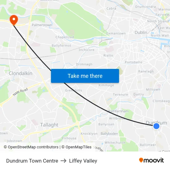 Dundrum Town Centre to Liffey Valley map