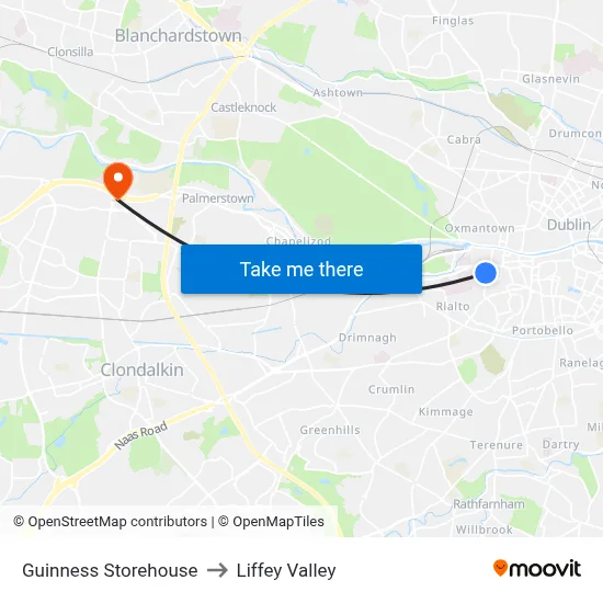 Guinness Storehouse to Liffey Valley map