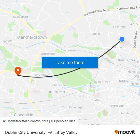Dublin City University to Liffey Valley map
