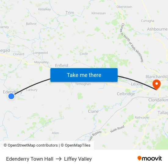 Edenderry Town Hall to Liffey Valley map