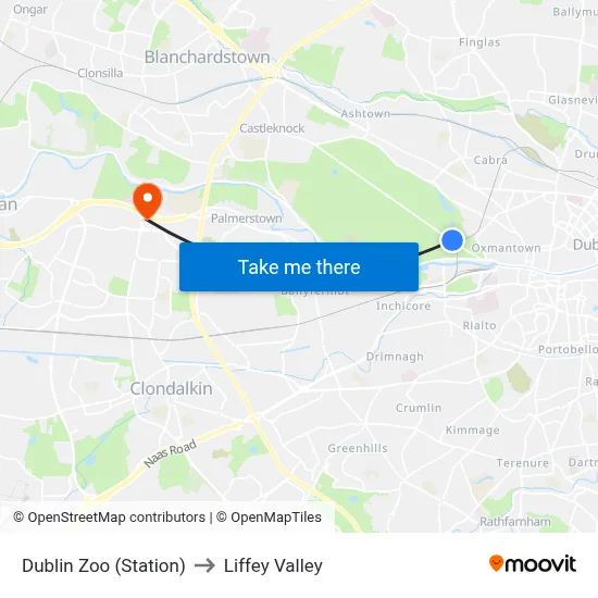 Dublin Zoo (Station) to Liffey Valley map
