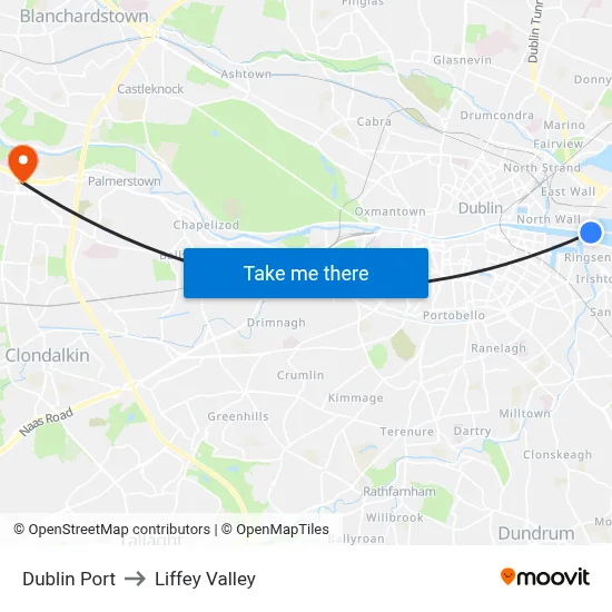 Dublin Port to Liffey Valley map