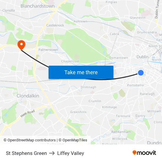 St Stephens Green to Liffey Valley map