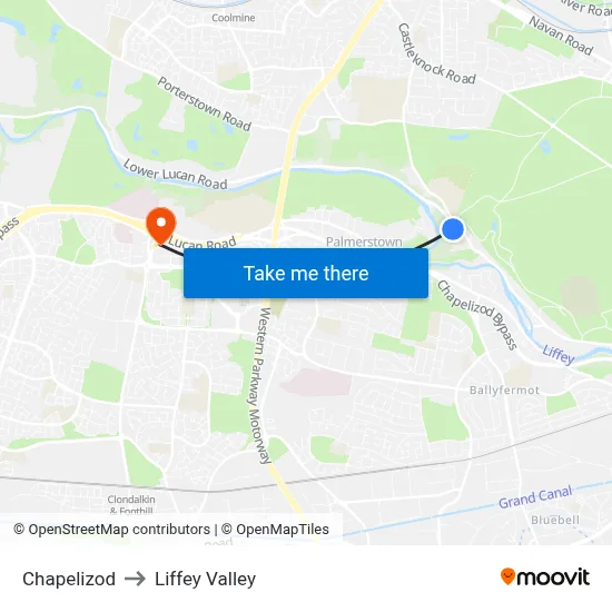 Chapelizod to Liffey Valley map