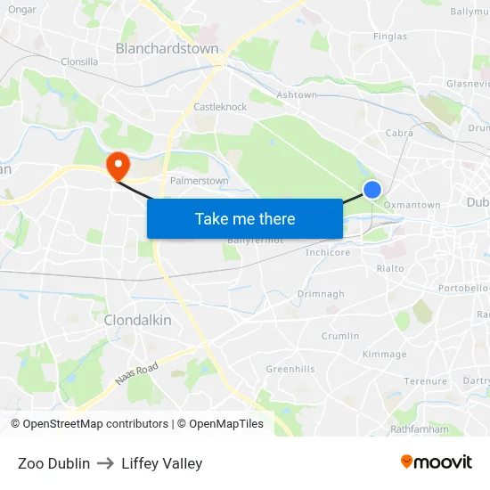Zoo Dublin to Liffey Valley map