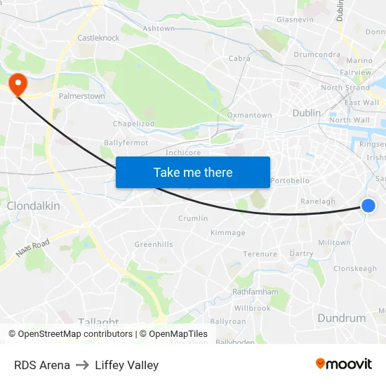 RDS Arena to Liffey Valley map