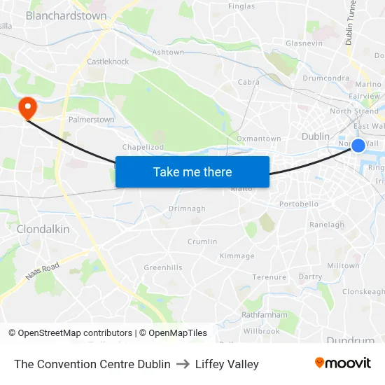 The Convention Centre Dublin to Liffey Valley map
